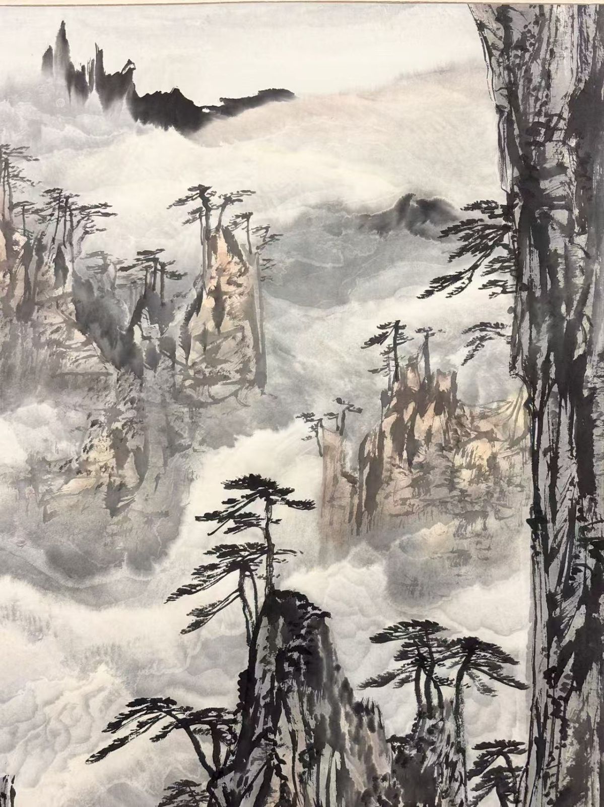 中国美術 黄山松崖図 掛軸 甲戌年 希白銘 設色紙本 箱付 中国山水