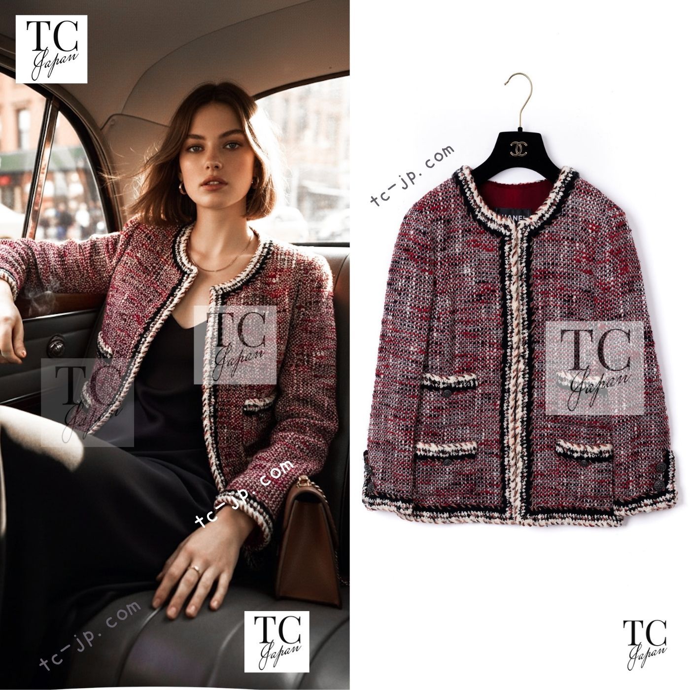 シャネル ジャケット CHANEL レッド ブラック アイボリー ウール ツイード ノーカラー ココボタン カール・ラガーフェルド 36