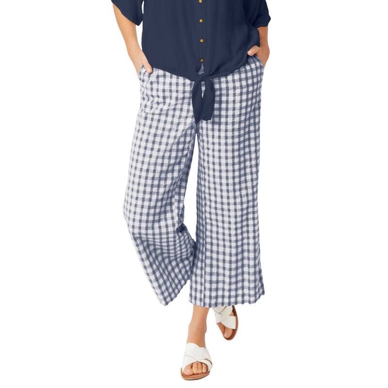 Ellos レディース ボトムス カジュアルパンツ ギンガムチェック プラスサイズ ギンガム ellos Plusize Gingham Cropants Navy White Gingham ホワイト