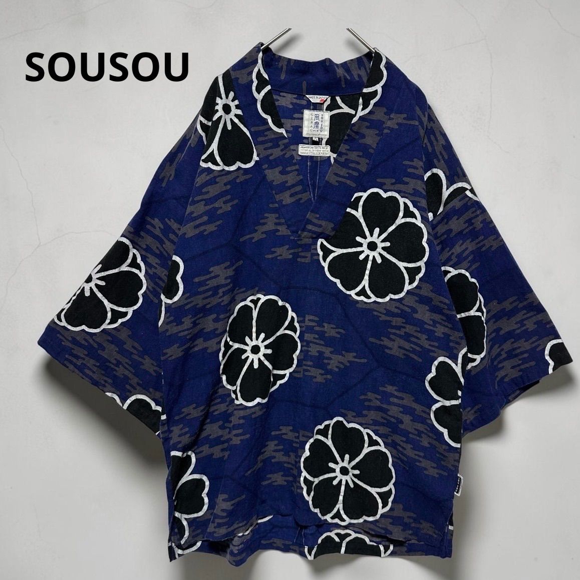 SOU・SOU 京都 京型友禅 半袖シャツ　M　クレープ 綿　紺　和柄 日本製 SOU・SOU 知多木綿 シャツ 日本製 京都 手捺染 和柄 総柄 半袖 和装風