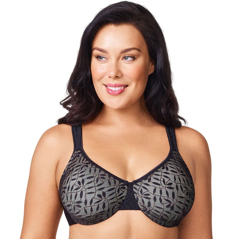 オルガ レディース アンダーウェア ブラジャー ミニ シアー レース OlgaR by WarnersR Sheer Leaves Lace FullFigure FullCoverage Minimizer Bra 35519 Black And Gray