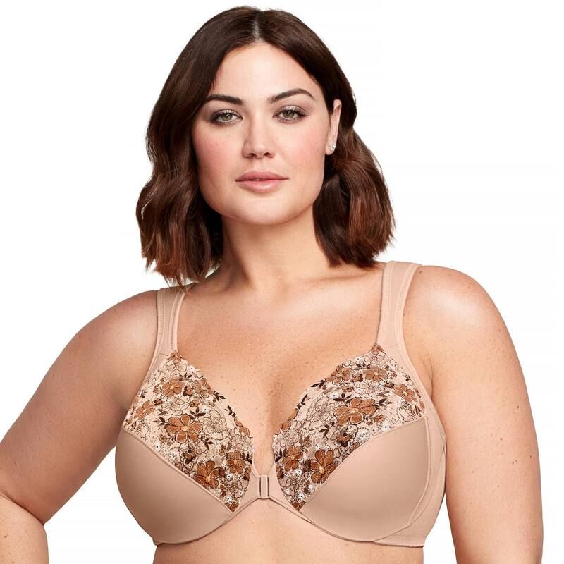 グラマライズ レディース アンダーウェア ブラジャー プラスサイズ Plusize Glamorise FullFigure Wonderwire Front Close Bra 1245 Cafe Print
