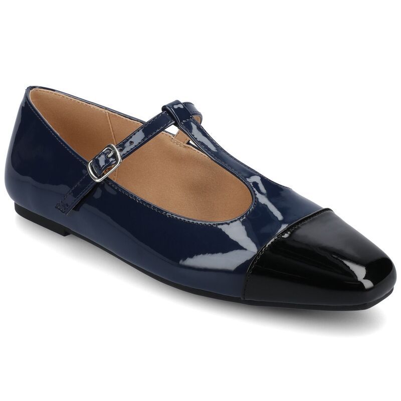 ジャーニー レディース シューズ サンダル キャップ Journee Womens Theah Medium and Wide Width TStrap Cap Toe Mary Jane Dress Flats Patent Navy ネイビー