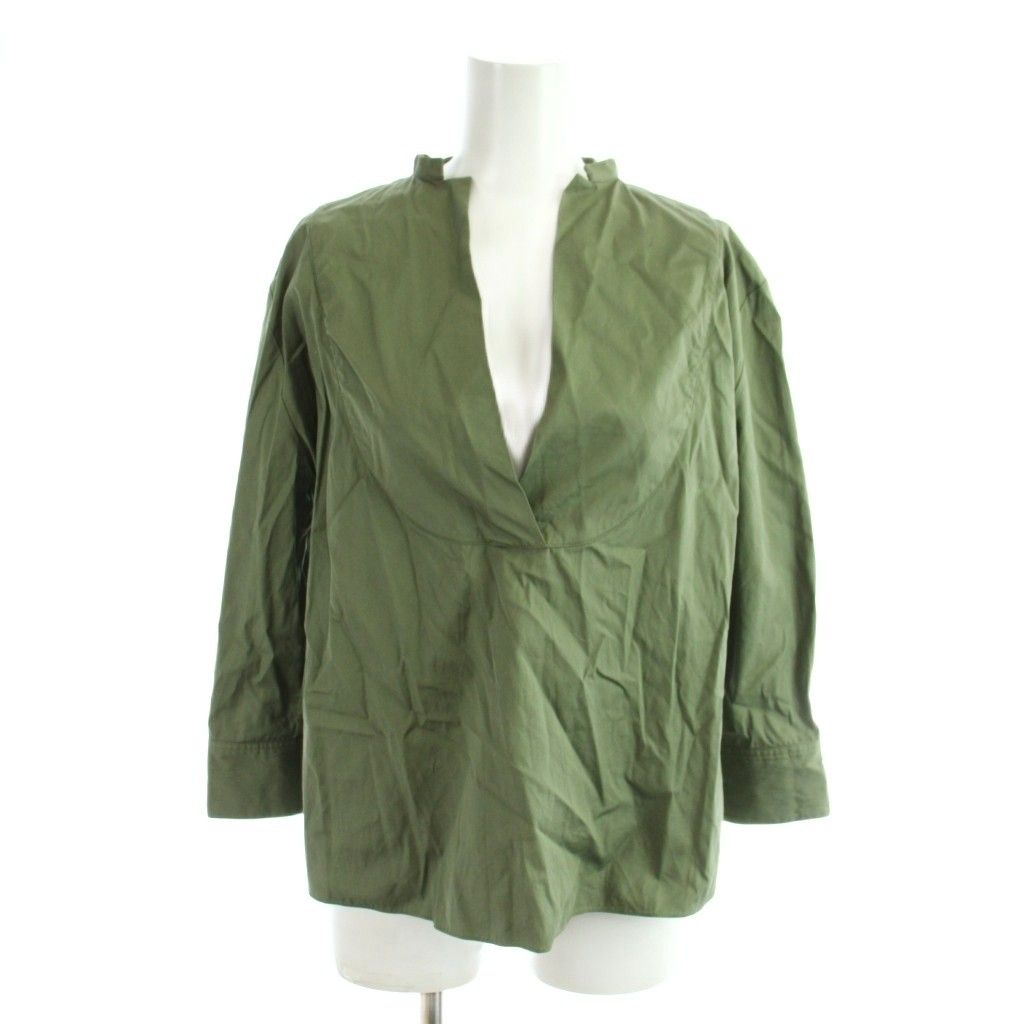 ジルサンダー JIL SANDER NAVY シャツ ブラウス 36 カーキ Vネック スタンドカラー 七分袖 JNWM6002A /AP ■GY70