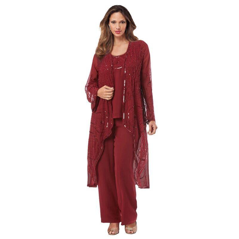 ロアマンズ レディース トップス ワンピース ジョーゼット プラスサイズ Roamans Womens Plusize Beaded Georgette 3Piece Pant Set Formal Wearich Burgundy バーガンディ