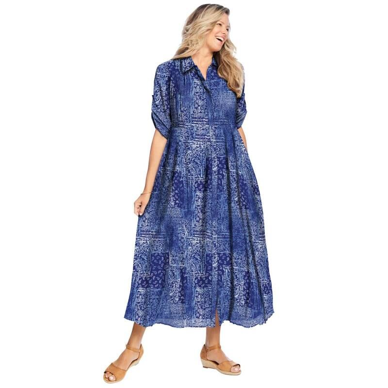ウーマン ウィズイン レディース トップス ワンピース プラスサイズ プチ シャツ Woman Within Womens Plusize Petite RollTab Sleeve Crinkle Shirtdress Navy Patchwork ネイビー