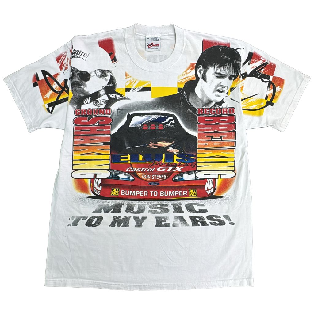90年代 USA製 CHASE AUTHENTICS Elvis Presley エルヴィス・プレスリー レーシングＴシャツ ホワイト(メンズ XL)中古 古着 Y1162