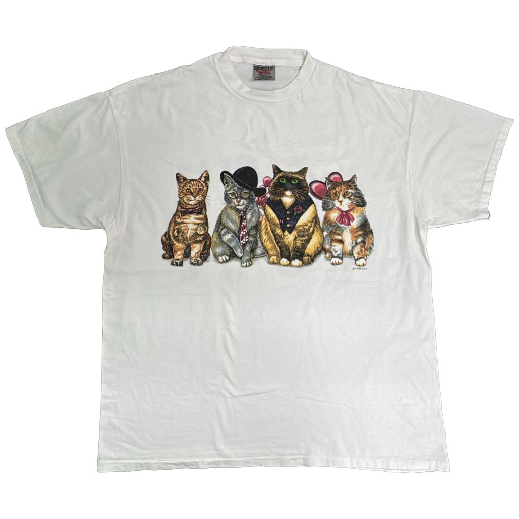 90年代 USA製 アニマルプリント ネコ 半袖Ｔシャツ 大きいサイズ ホワイト(メンズ XXL)中古 古着 Y1198