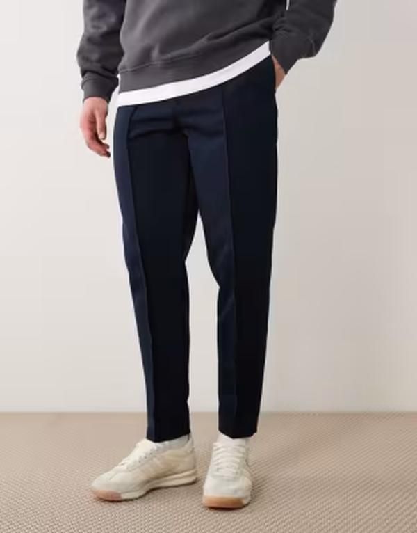 エイソス メンズ ボトムス カジュアルパンツ ASOS DESIGN taperedress pants with double pleats and thin waistband NAVY ネイビー