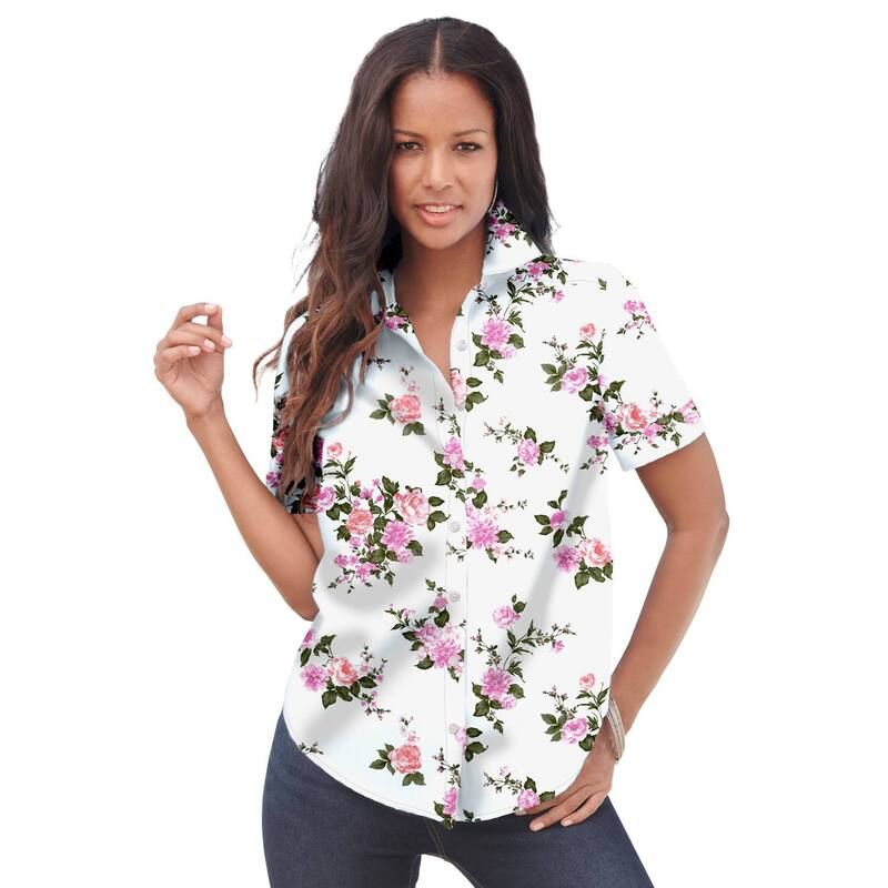 ロアマンズ レディース トップス シャツ プラスサイズ コットン Roamans Womens Plusize Kate Short Sleeveasy CottonBlend ButtonFront Shirt White Mixed Flowers ホワイ