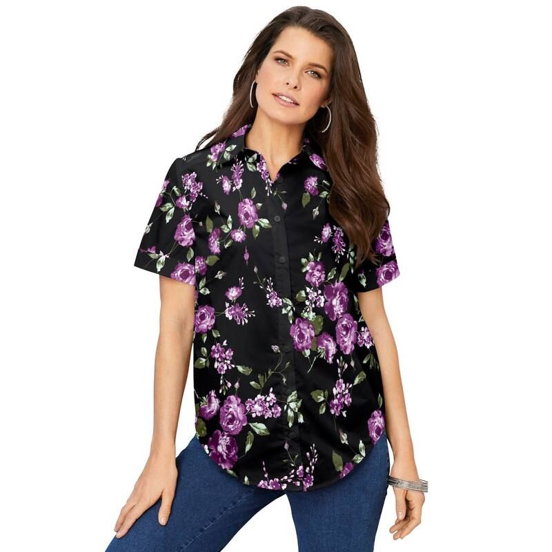 ロアマンズ レディース トップス シャツ プラスサイズ コットン Roamans Womens Plusize Kate Short Sleeveasy CottonBlend ButtonFront Shirt Purple Rose Floral パープル