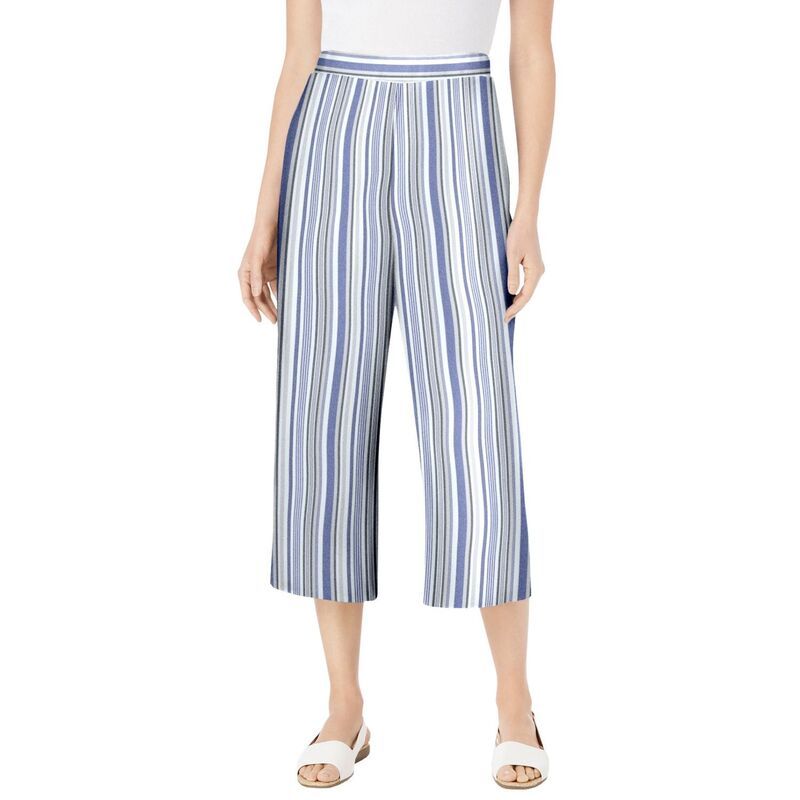 ウーマン ウィズイン レディース ボトムス カジュアルパンツ プラスサイズ キャップ リネン Woman Within Plusize Linen Capri Deep Cobalt Stripe コバルト