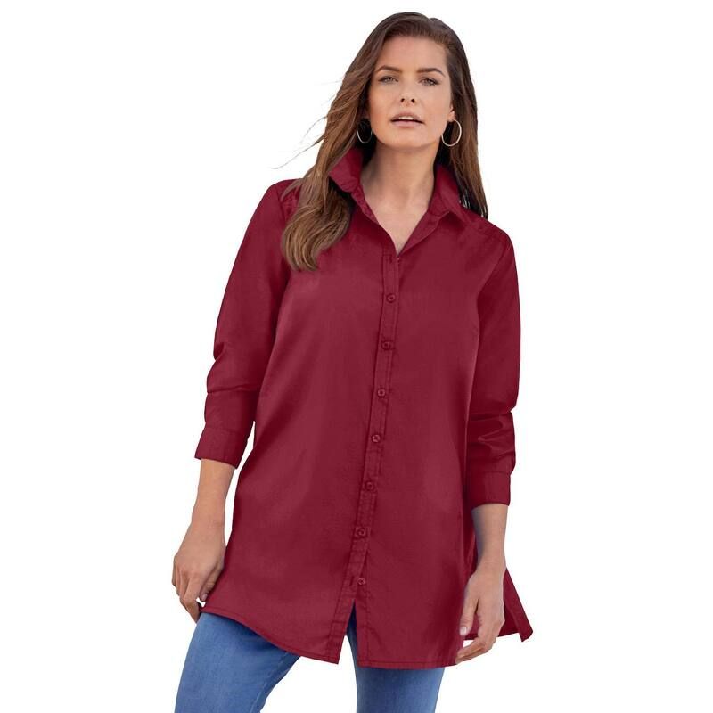 ロアマンズ レディース トップス Tシャツ プラスサイズ コットン 長袖 Roamans Womens Plusize Kate LongSleeve Crisp CottonBlend ButtonFrontunic Dark Cherry