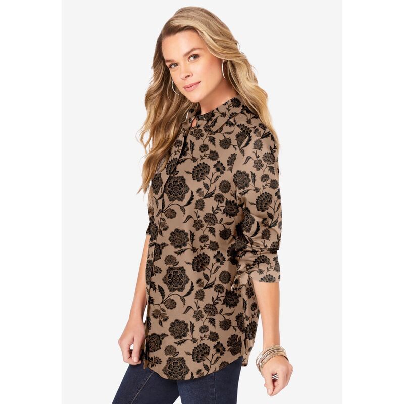 ロアマンズ レディース トップス シャツ プラスサイズ コットン Roamans Womens Plusize Kate Long Sleeveasy CottonBlend ButtonFront Shirt Black White Rose ホワイト