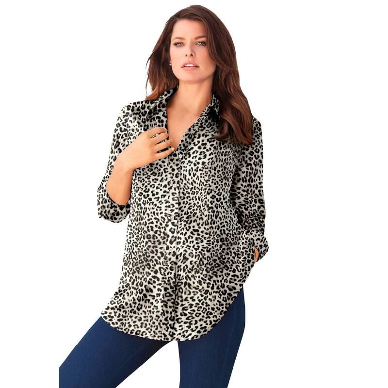 ロアマンズ レディース トップス シャツ プラスサイズ コットン Roamans Womens Plusize Kate Long Sleeveasy CottonBlend ButtonFront Shirt Animal Print アニマル