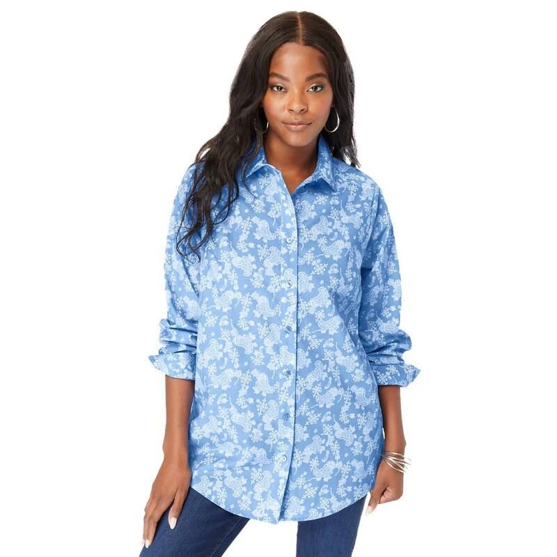 ロアマンズ レディース トップス シャツ プラスサイズ コットン Roamans Womens Plusize Kate Long Sleeveasy CottonBlend ButtonFront Shirt Horizon Blue Geo ブルー