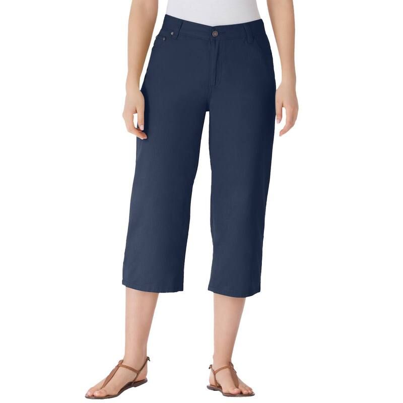 ウーマン ウィズイン レディース ボトムス カジュアルパンツ プラスサイズ デニム キャップ Woman Within Plusize Perfect 5Pocket BackElastic Denim Capri Navy ネイビー