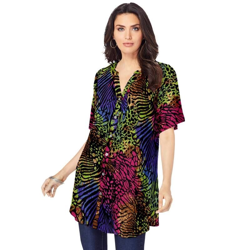 ロアマンズ レディース トップス Tシャツ プラスサイズ Roamans Womens Plusize Angelina Tunic Top Short Sleeve Flowy Fit Everyday Comfort Multi Mixed Animal