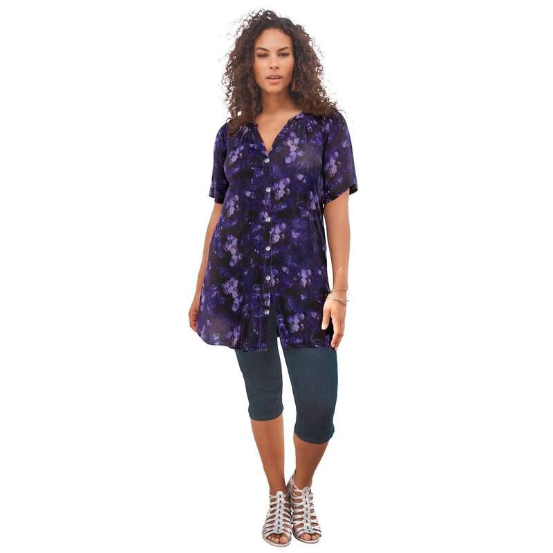 ロアマンズ レディース トップス Tシャツ プラスサイズ Roamans Womens Plusize Angelina Tunic Top Short Sleeve Flowy Fit Everyday Comfort Black Spray Floral