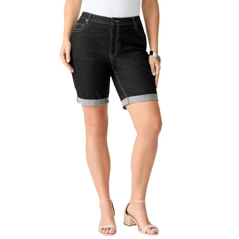 ロアマンズ レディース ボトムス ハーフパンツ・ショーツ プラスサイズ Roamans Womens Plusize Classic Stretch Cuffed Short Black Denim ブラック