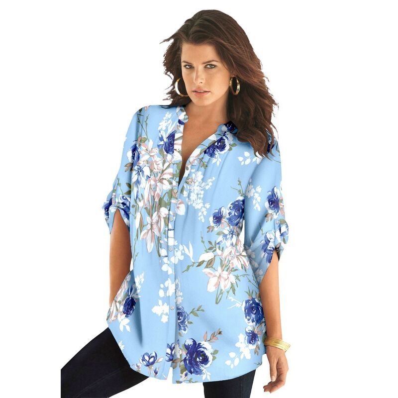 ロアマンズ レディース トップス Tシャツ フラワー柄 プラスサイズ フラワー Roamans Womens Plusize Floral YNeck Pintuck Tunic Adjustable Long Sleeve ButtonFront Pale