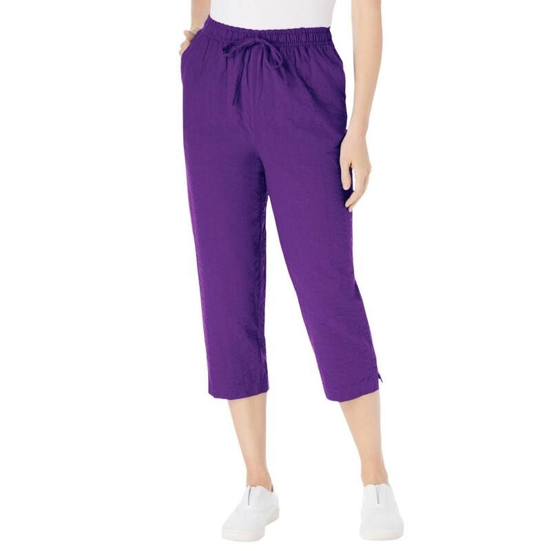 ウーマン ウィズイン レディース ボトムス カジュアルパンツ プラスサイズ キャップ Woman Within Plusize Seersucker PullOn ElasticWaist Capri Pants Purple Orchid パープル