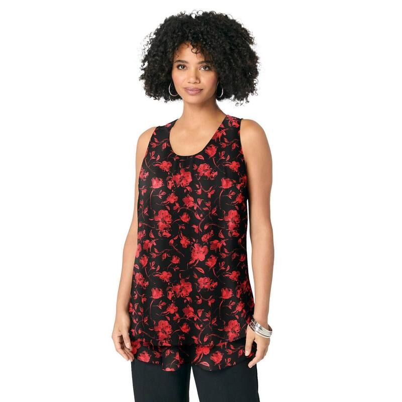 ロアマンズ レディース トップス Tシャツ ジョーゼット プラスサイズ Roamans Womens Plusize DoubleLayer Georgette Tank Top Black Sketched Flowers ブラック