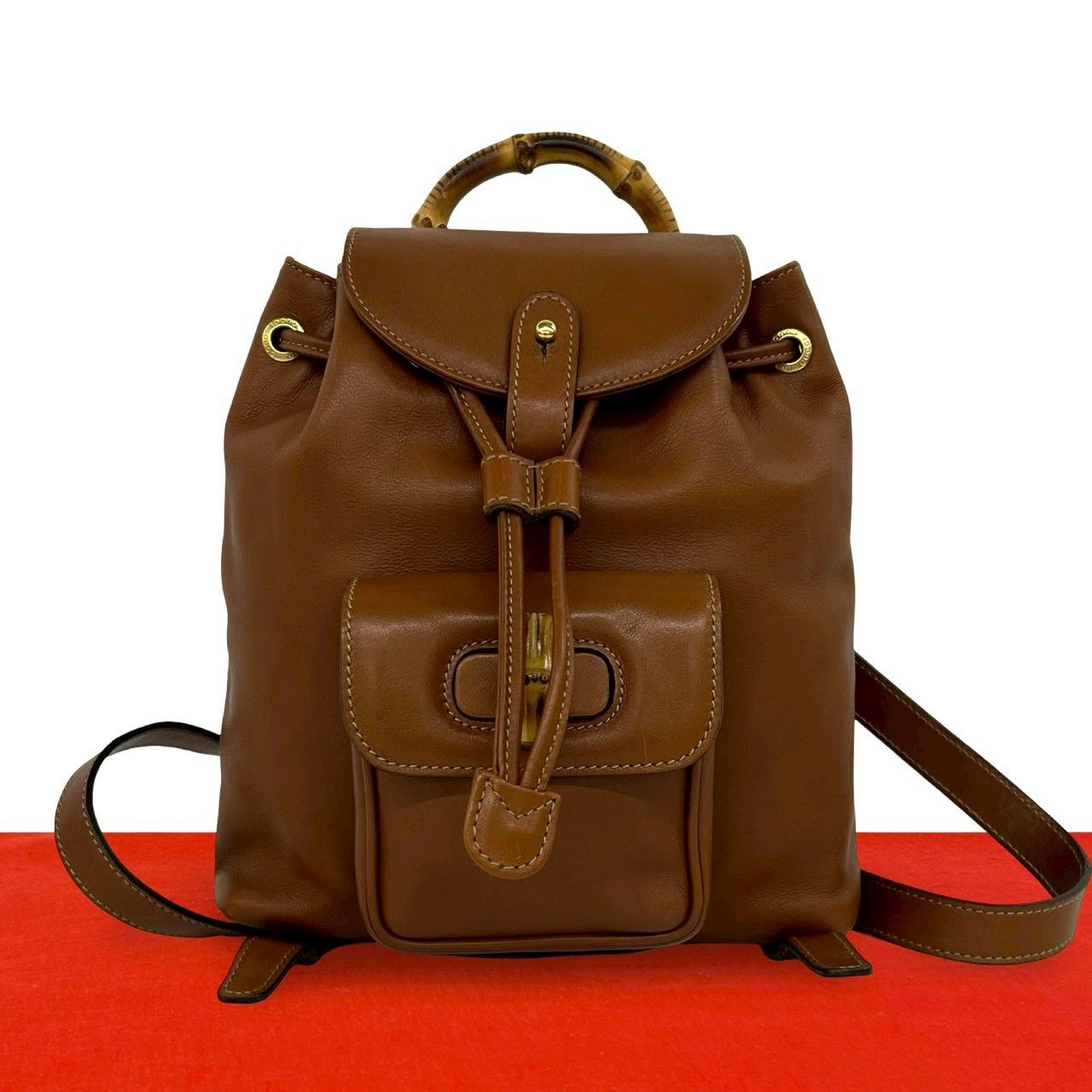 極 美品 GUCCI グッチ オールドグッチ ヴィンテージ バンブー レザー 本革 ミニ リュックサック バックパック ブラウン 茶 28653