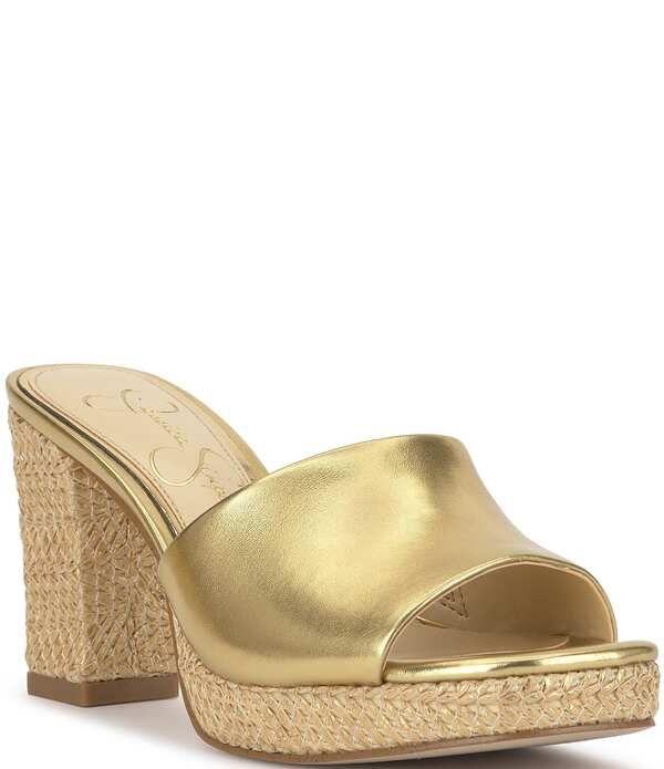 ジェシカシンプソン レディース シューズ サンダル プラットフォーム ヒール Jessica Simpson Elyzza Raffia Platform Block Heel Square Toe Slide Sandals Gold ゴールド