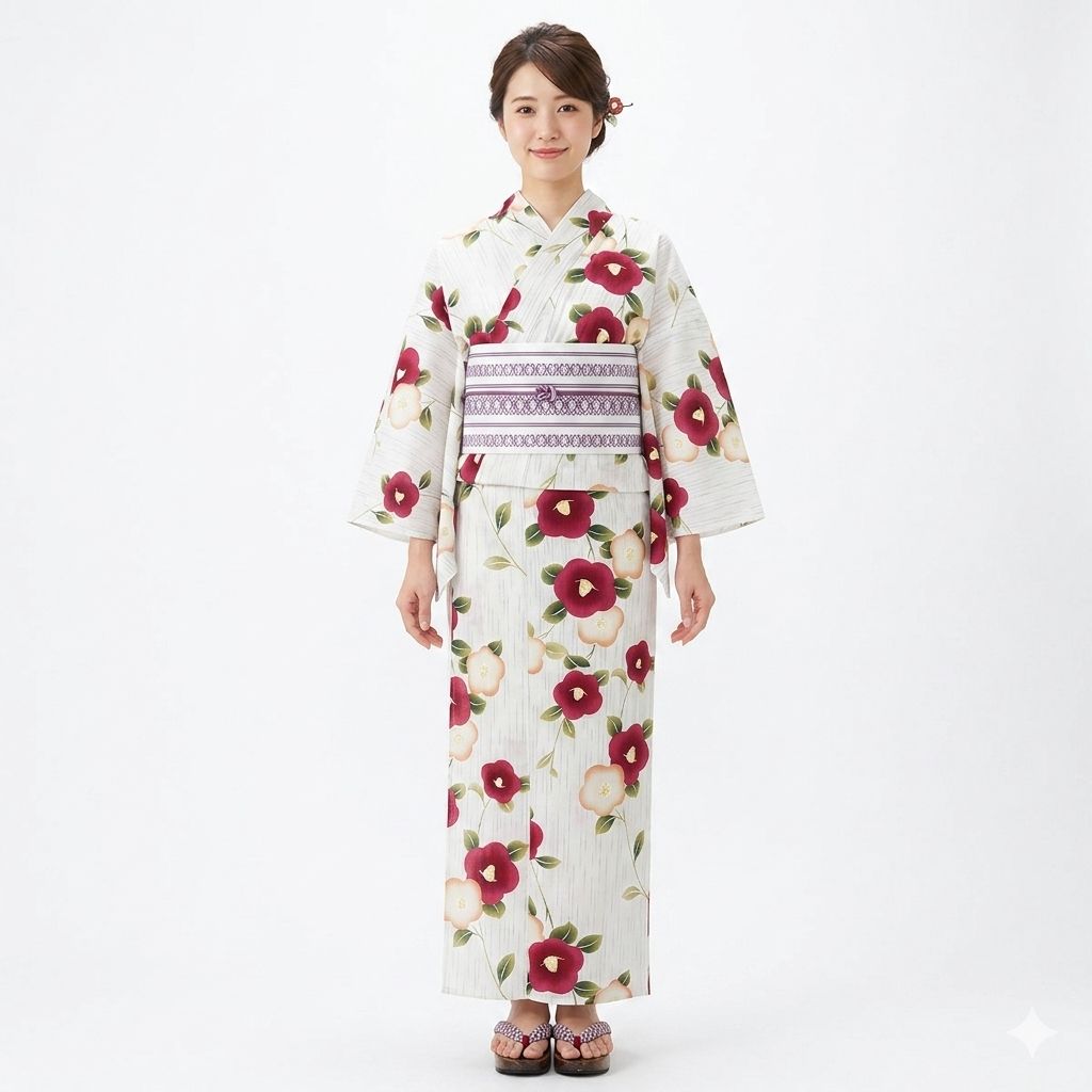 浴衣 女性用 単品 仕立て上がり 綿85％ 麻15％ 生成り 椿柄 Lサイズ フリーサイズ 適合身長162-172cm NO43427