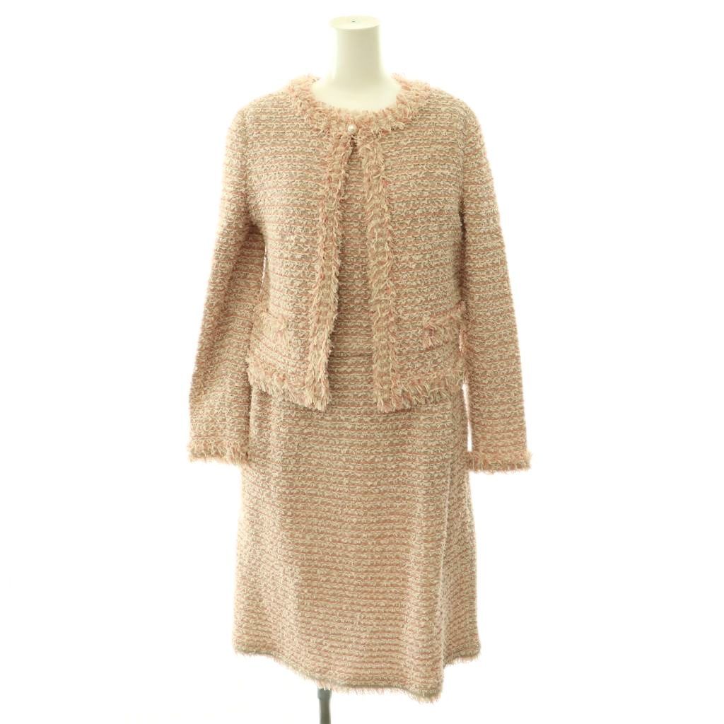 ルネ Rene リボンツイードジャケット×ワンピース セット ミモレ丈 ロング ノースリーブ ウール混 34 ピンク ベージュ /HS ■OS