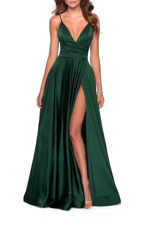 ラフェム レディース トップス ワンピース サイドスリット サテン La Femme Long Satin Dress with Side Slit and V Shaped Back Emerald エメラルド