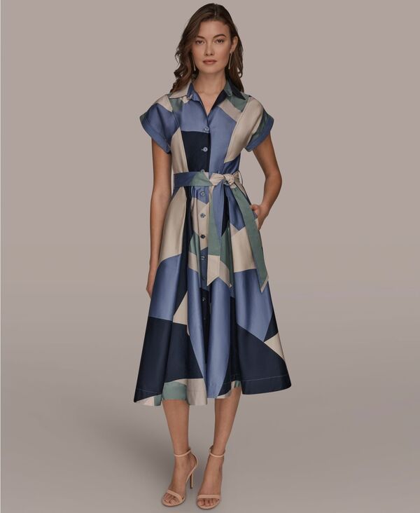 【送料無料】 ダナ キャラン ニューヨーク レディース シャツ トップス Womens CapSleeve Spread Collar Geometric Colorblock Midi Shirt Dress Tempest Multi