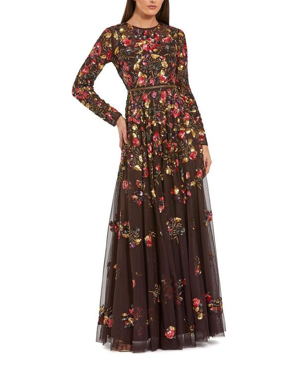 マックダガル レディース トップス ワンピース フラワー柄 フラワー Mac Duggalong Sleeve Floral Embellished Eveningown Espresso Multi マルチカラー