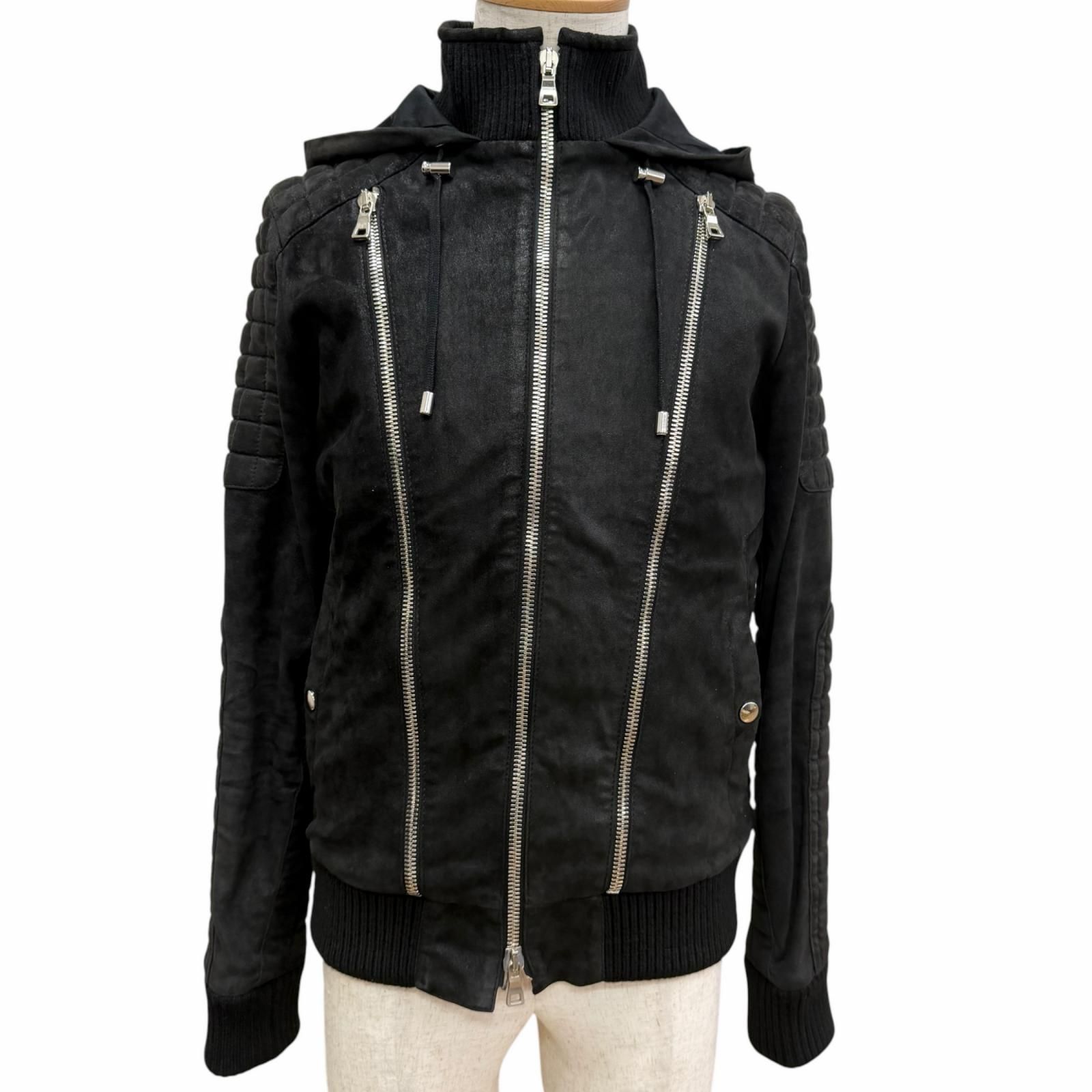 【ドンドン見直し】美品□BALMAIN バルマン W5HC895D154 ラムスキン Leather ウール ヌバック フーデッド レザージャケット ライダース ブラック 44 正規品 メンズ