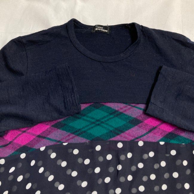 【中古】　tricot COMME des GARCONS　カットソー　長袖　トップス　クルーネック　総柄　チェック　ドット　水玉　シアー　AD2000　日本製　ドメスティック　古着　/2497