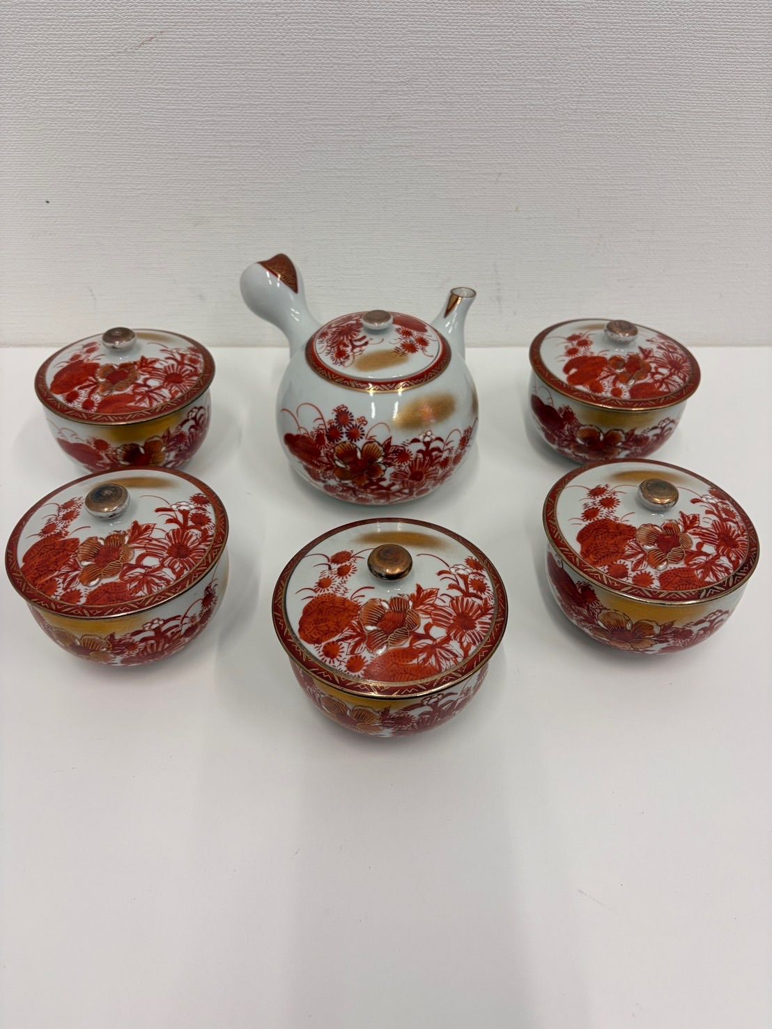 中古品】 九谷焼 花柄 赤絵 金彩 急須 & 湯呑み セット 食器 茶器 陶器