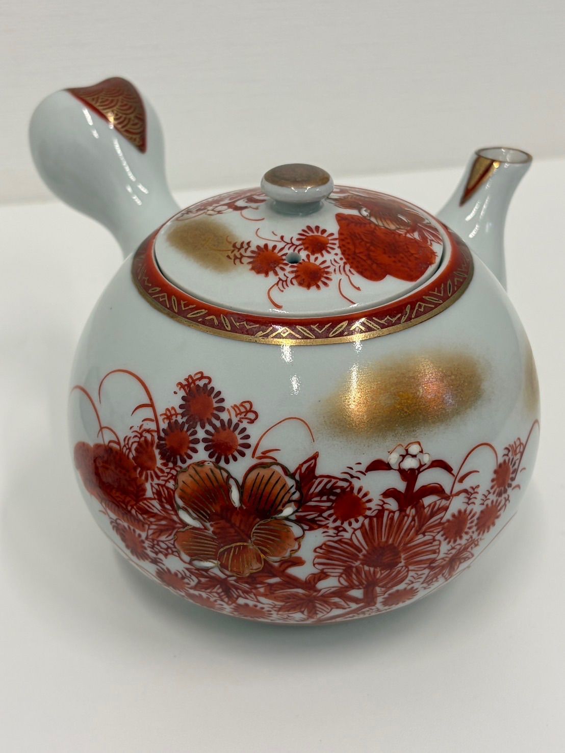 中古品】 九谷焼 花柄 赤絵 金彩 急須 & 湯呑み セット 食器 茶器 陶器