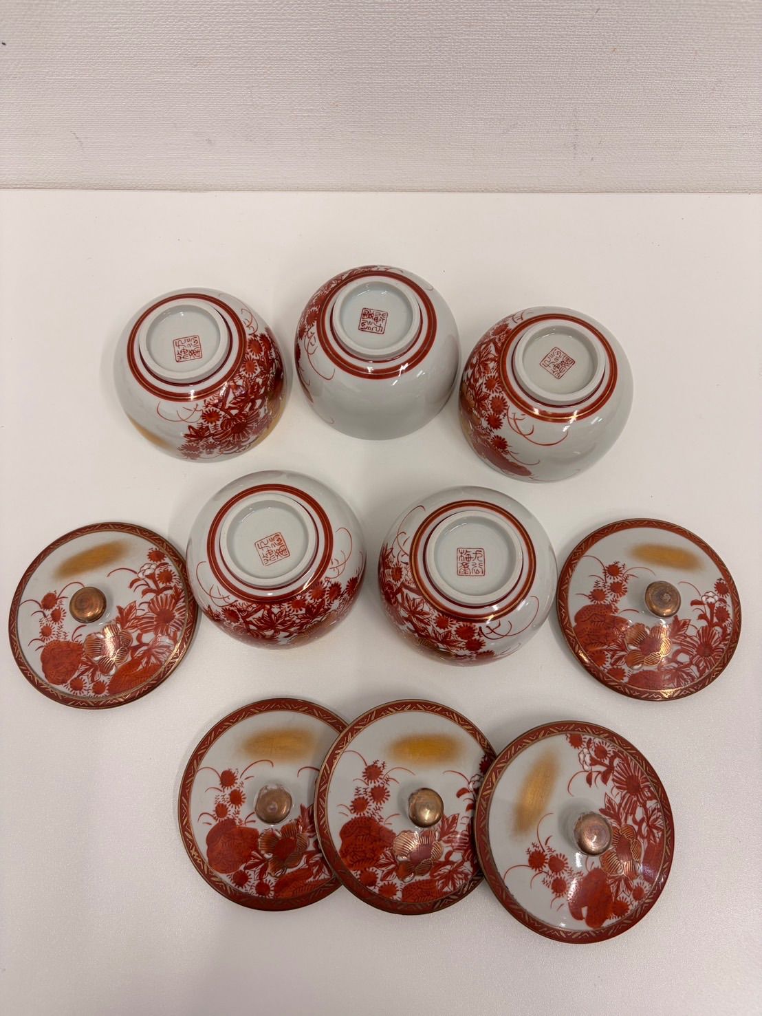 中古品】 九谷焼 花柄 赤絵 金彩 急須 & 湯呑み セット 食器 茶器 陶器