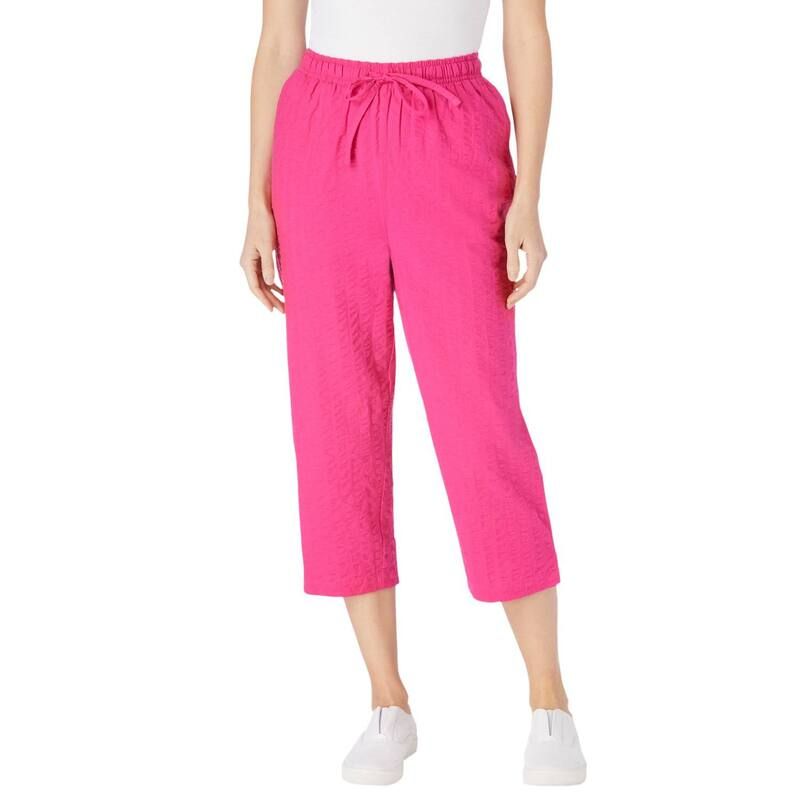 ウーマン ウィズイン レディース ボトムス カジュアルパンツ プラスサイズ プチ キャップ Woman Within Plusize Petite Seersucker PullOn ElasticWaist Capri Pants Raspberry Sor