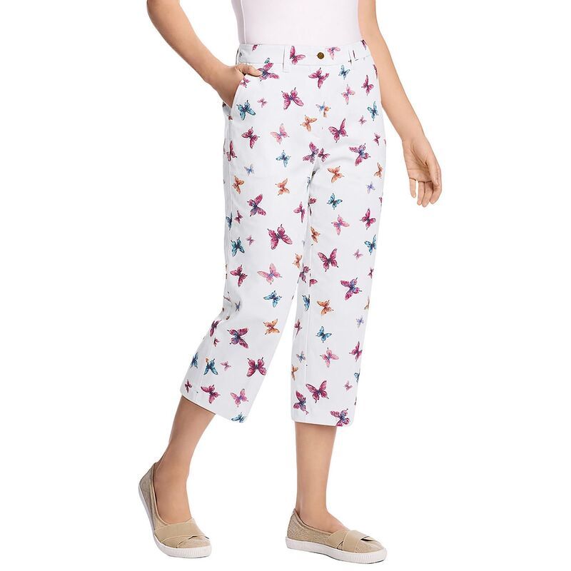 ウーマン ウィズイン レディース ボトムス カジュアルパンツ プラスサイズ キャップ Woman Within Plusize Adjustable Waist Chino Capri White Butterflies ホワイト