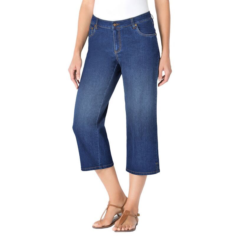 ウーマン ウィズイン レディース ボトムス カジュアルパンツ プラスサイズ プチ デニム キャップ ジーンズ Woman Within Plusize Petite Stretch Denim FivePocket Capri Jeans Midnight S