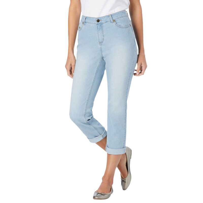 ウーマン ウィズイン レディース ボトムス デニムパンツ プラスサイズ ジーンズ Woman Within Plusize Stretch Denim FivePocket Girlfriend Jeans Light Wash Sanded デニム