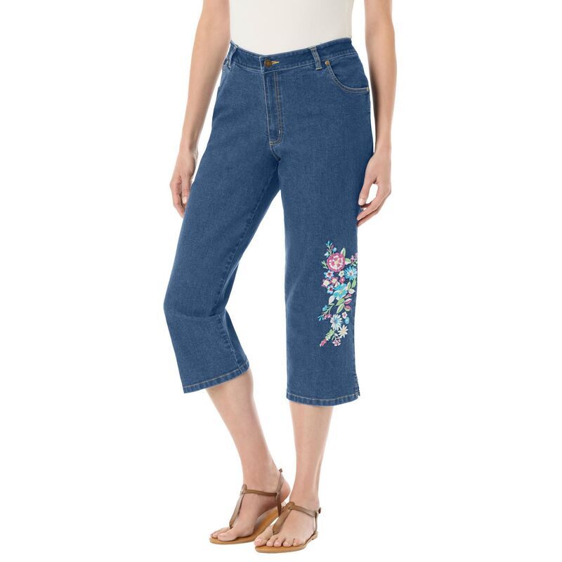 ウーマン ウィズイン レディース ボトムス カジュアルパンツ プラスサイズ プチ デニム キャップ ジーンズ Woman Within Plusize Petite Stretch Denim FivePocket Capri Jeanstonewash Fl