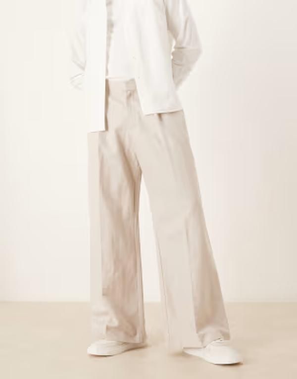 エイソス メンズ ボトムス カジュアルパンツ プリーツ リネン ASOS DESIGN smart pleated linen rich loose leg pants in stone ストーン