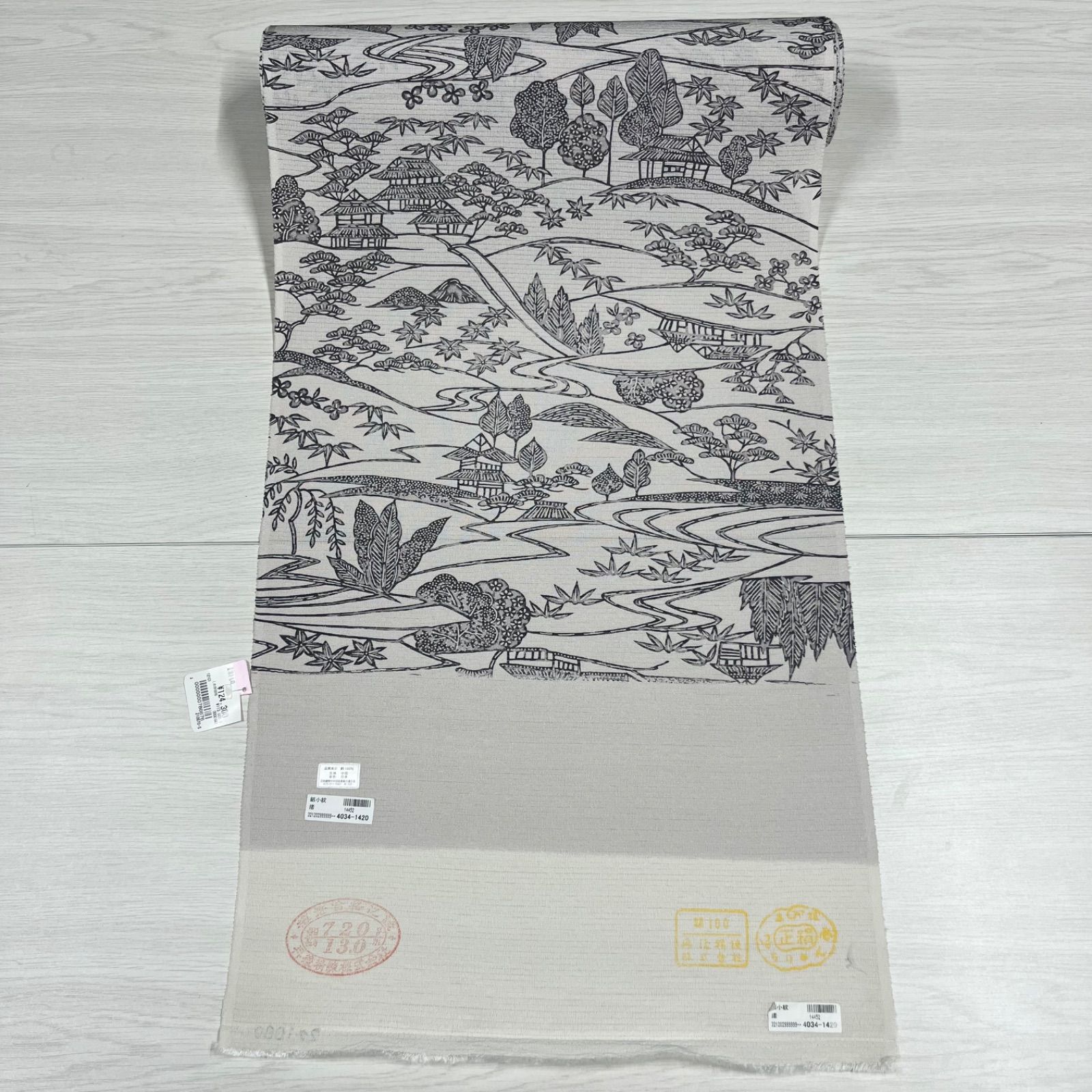 【未使用品】　美品　匿名配送　反物　夏着物　小紋　絽小紋　正絹　未仕立て　白　黒　風景　反物夏13
