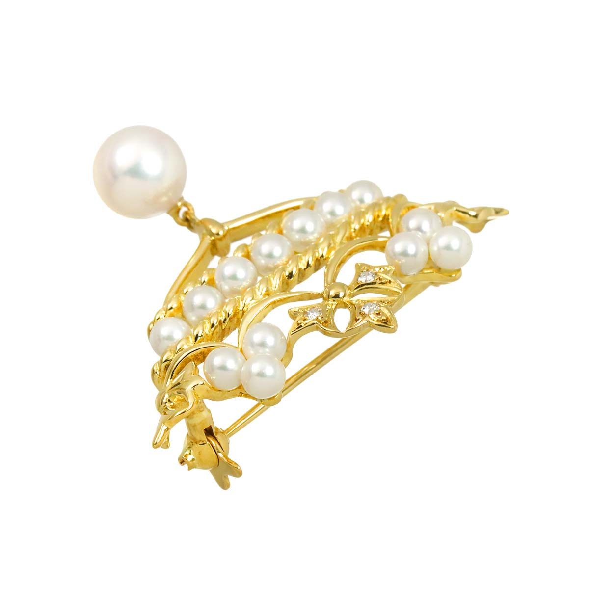 ミキモト MIKIMOTO アコヤ真珠 7.2-3.2mm ダイヤ ブローチ K18 YG