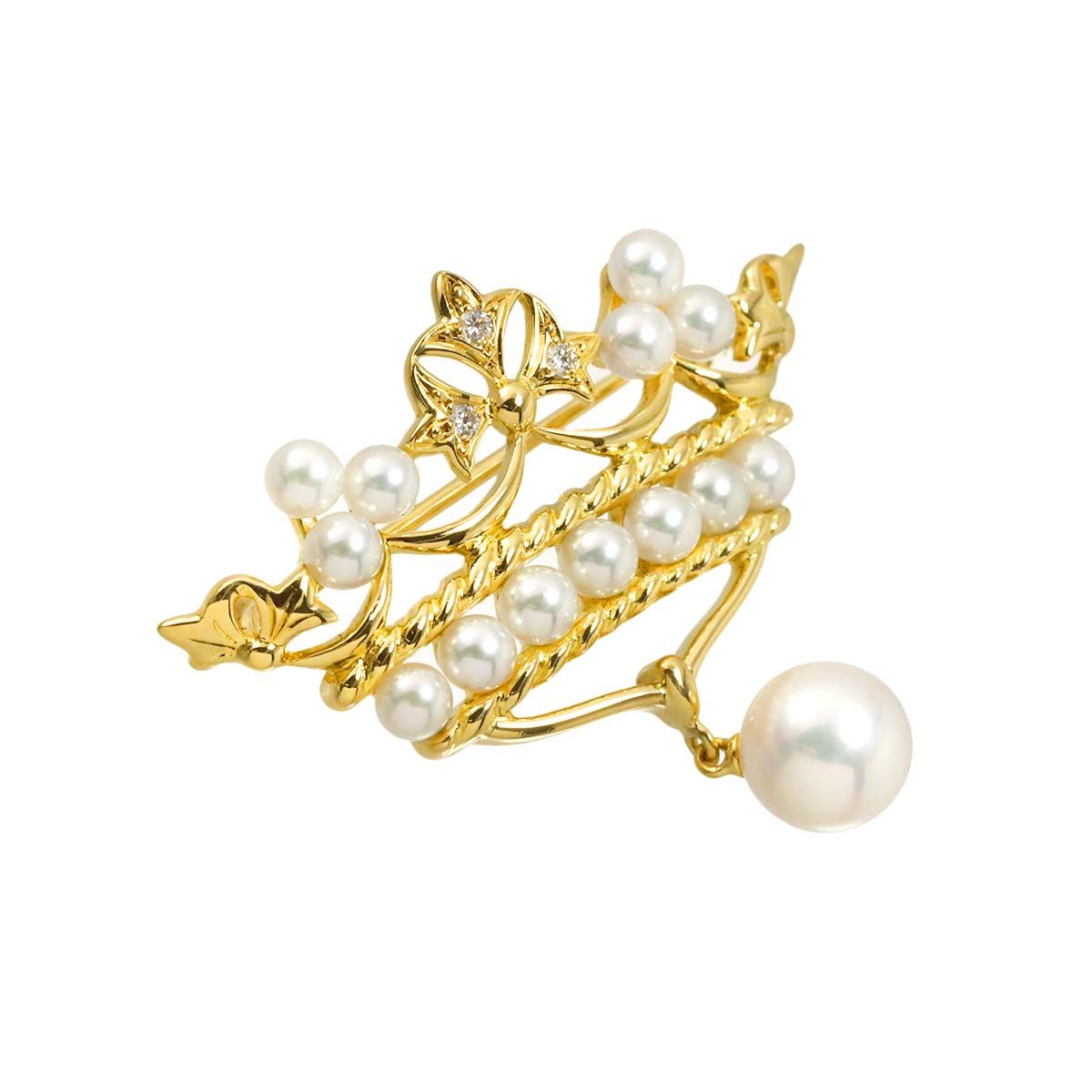 ミキモト MIKIMOTO アコヤ真珠 7.2-3.2mm ダイヤ ブローチ K18 YG