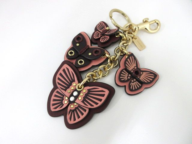 コーチ COACH キーホルダー バッグチャーム ピンク ブラウン系 蝶モチーフ ゴールド金具 ☆AA★
