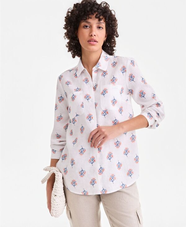 チャータークラブ レディース トップス シャツ リネン Charter Club Womens 100 Linen Shirt Created for Macys Block Print White ホワイト